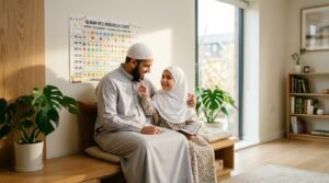 أب يحتضن طفله الفخور بإتمام لوحة إنجاز حفظ القرآن للأطفال