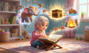 رسم توضيحي لتخيل طفل لقصص القرآن الكريم أثناء حفظ القرآن للأطفال