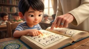 A focused non-Arabic boy pointing at highlighted, softly glowing Arabic letters in a Noorani Qaida book, guided by an Azhari teacher.