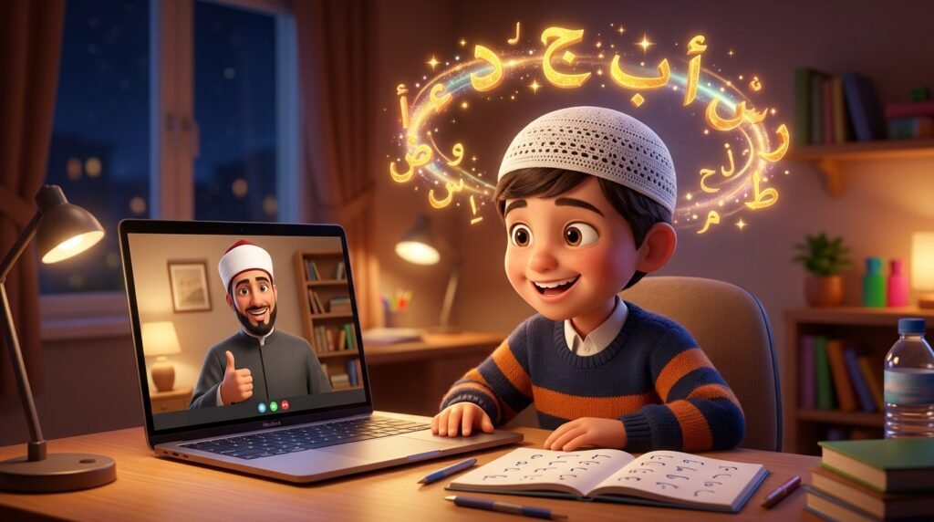 A happy non-Arabic Muslim boy memorizing the Quran online with a friendly Azhari teacher.