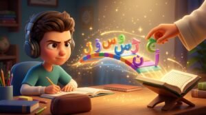 A focused non-Arabic boy with headphones seeing a colorful bridge of glowing Arabic letters forming toward a Quran, with an Azhari teacher stabilizing the path.