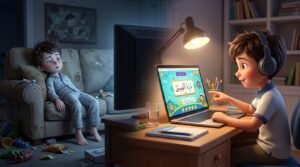 Muslim child switching from passive screen time to productive Islamic education