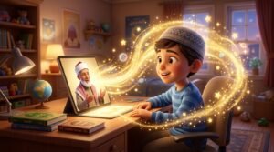 An online Azhari teacher explaining the beautiful meaning of a Surah to an inspired Muslim boy.
