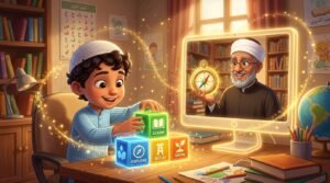 : A Muslim boy playfully stacking glowing blocks representing the pillars of learning while his online teacher watches proudly.