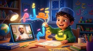 A Muslim boy playfully interacting with glowing Arabic letters and short vowels.A Muslim boy playfully interacting with glowing Arabic letters and short vowels.