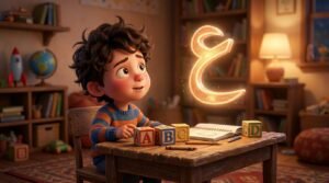 Child looking curiously at Arabic letters comparing them to English alphabet