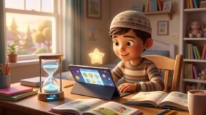 A Muslim boy doing a quick and stress-free daily Quran review next to a glowing hourglass.