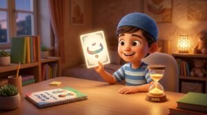 A Muslim boy doing a quick 5-minute Noorani Qaida review at home with an hourglass.