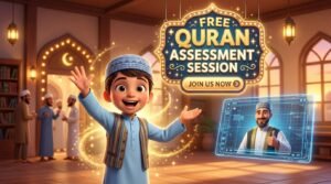 An enthusiastic Muslim boy waving next to a glowing sign offering a free online Quran assessment session.