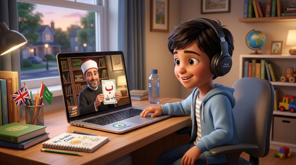 Non-Arabic speaking child learning Quran online with a friendly Azhari teacher
