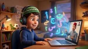 A Muslim kid wearing a headset in a live interactive online Noorani Qaida class.