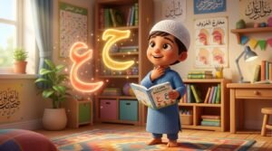 Muslim boy learning Arabic alphabet pronunciation and Makharij