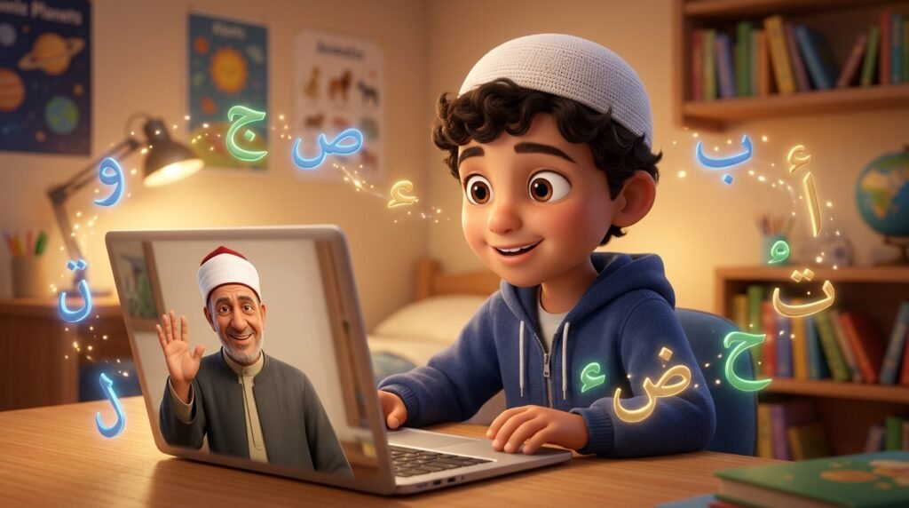 A non-Arabic speaking Muslim boy happily learning Quran online with a friendly Azhari teacher.
