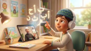 A young Muslim boy wearing headphones and interacting with floating Arabic letters during an online Quran class.