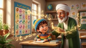 A young non-Arabic boy looking excited at an Arabic alphabet poster with a friendly Azhari teacher pointing, illustrating beginner Quran reading.
