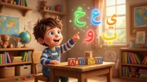 Non-Arabic speaking child learning Arabic pronunciation and letters playfully