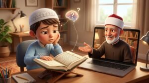 A slightly confused Muslim boy looking at a Quran page while a kind online Azhari teacher encourages him on screen.