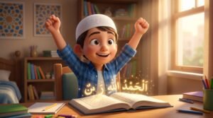 Happy child showing confidence and progress in reading the Quran