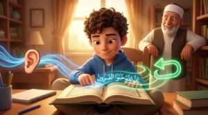 A confident non-Arabic boy reading Quran with playful ear and review-arrow icons floating dynamically, illustrating the balance of skills.