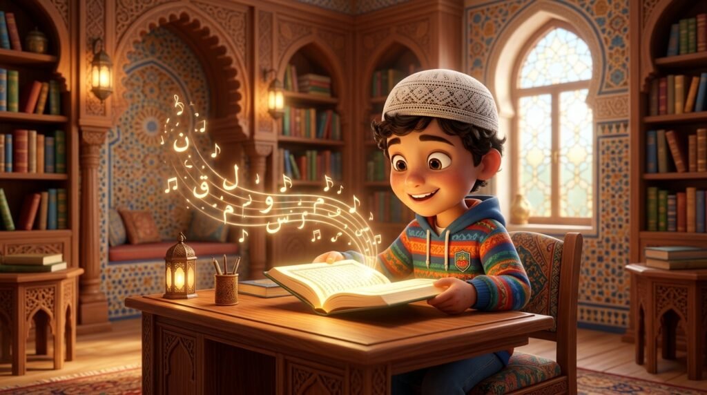 A happy non-Arabic speaking Muslim boy starting his Quran learning journey with a glowing Quran and magical letters.