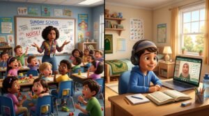 Crowded traditional Sunday school classroom vs one-on-one online Quran class