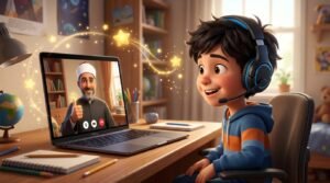 Friendly online Quran teacher encouraging a student during a live class