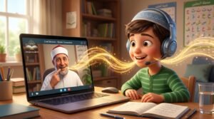 A Muslim kid wearing a headset while a live online Azhari teacher gently corrects his Quran pronunciation and Makharij.