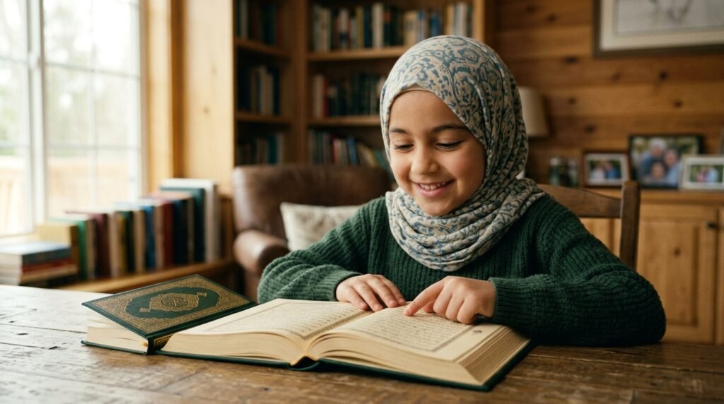 Child learning Quran recitation with a teacher at home