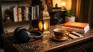 A cozy and modern study setup featuring premium over-ear wireless headphones resting gently on a beautifully carved wooden table. Next to the headphones is a subtle, glowing traditional lantern (Fanoos). A warm cup of tea with steam rising softly in the background. Cinematic lighting, focused and cultural atmosphere, photorealistic, strictly no people, 16:9.