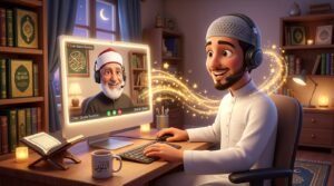 A Muslim revert taking a private one-on-one online Quran lesson with an Azhari tutor.