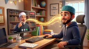 An online Azhari Quran teacher modeling correct pronunciation for a focused Muslim student