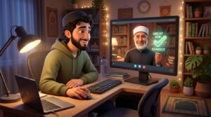 A new Muslim man overcoming his fear of learning Quran with a patient online Azhari teacher encouraging him.