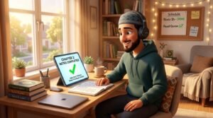 A Muslim man listening to Quran recitation with headphones for his stress-free daily practice