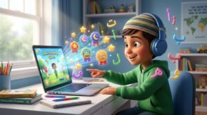 Muslim child enjoying gamified interactive online Quran class