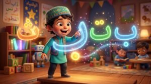 A young Muslim boy playfully learning Arabic letter families like Ba, Ta, and Tha interacting with glowing 3D shapes.