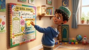 A proud Muslim boy putting a golden star sticker on his 20-minute daily Quran progress board.
