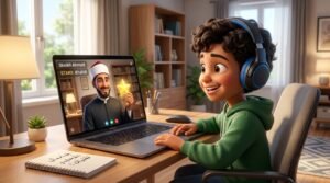 Professional Azhari teacher teaching a young Muslim student online