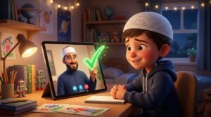 A patient online Quran teacher encouraging a slightly shy student with a green checkmark