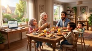 Happy family finally enjoying their peaceful weekend after switching to online Quran classes