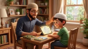 Father supporting his son during an online Quran revision session at home