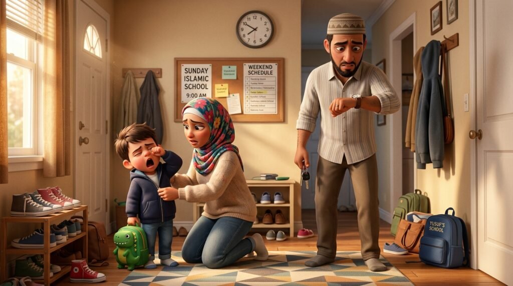 Exhausted Muslim parents and children getting ready for Sunday school